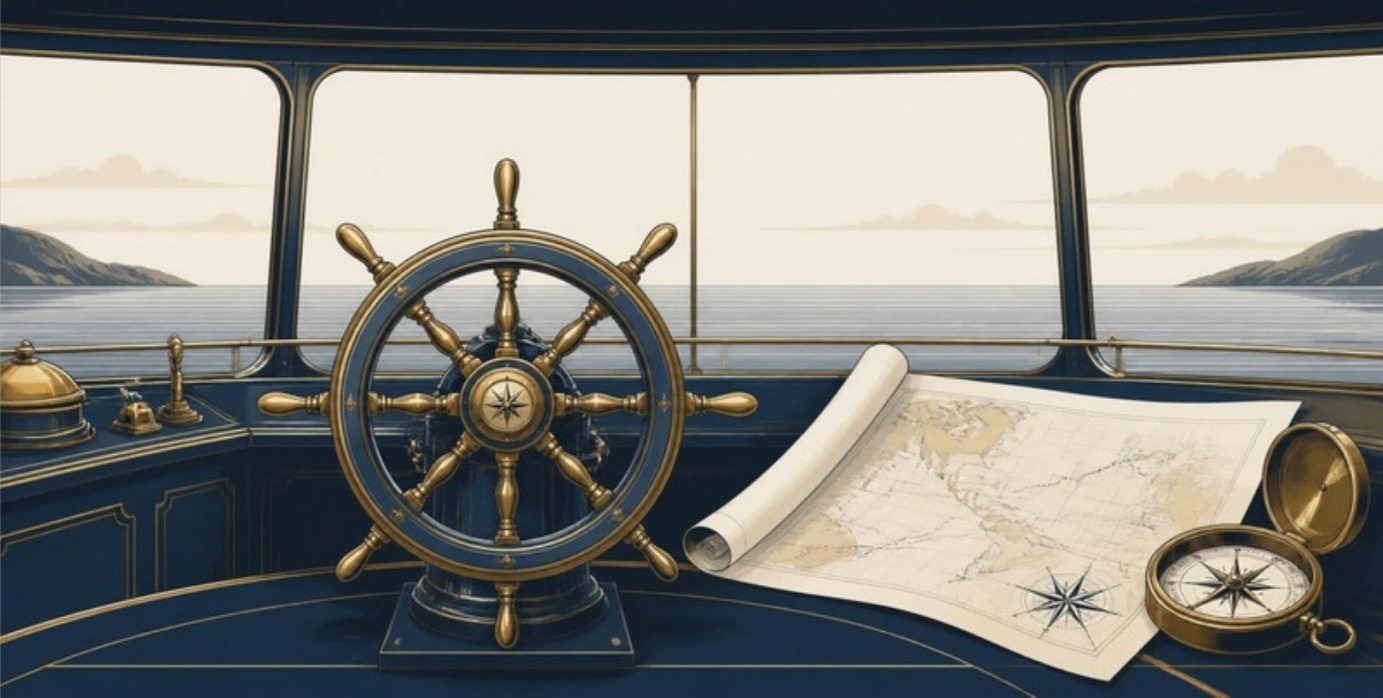 Plancia di comando di una nave con timone, bussola e mappa nautica